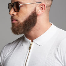 Load image into Gallery viewer, Father Sons Classic White and Gold Zip Knitted Short Sleeve Polo Shirt - FSH175