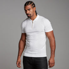Load image into Gallery viewer, Father Sons Classic White and Gold Zip Knitted Short Sleeve Polo Shirt - FSH175