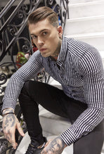 Load image into Gallery viewer, Father Sons Super Slim Stretch Black & White Stripe Drip Print Long Sleeve - FS677