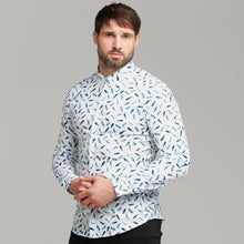 Load image into Gallery viewer, Father Sons Super Slim Stretch Blue Feather Print Button Down - FS595