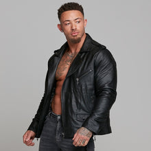 Load image into Gallery viewer, Father Sons Black Leather Jacket with Belt Detail - FSH313