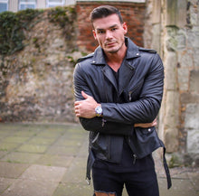 Load image into Gallery viewer, Father Sons Black Leather Jacket with Belt Detail - FSH313