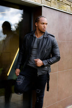 Load image into Gallery viewer, Father Sons Black Leather Jacket with Belt Detail - FSH313