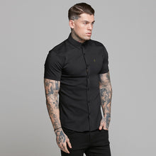 Load image into Gallery viewer, Father Sons Super Slim Ultra Stretch Classic Black Short Sleeve (Khaki Embroidery) -  FS481
